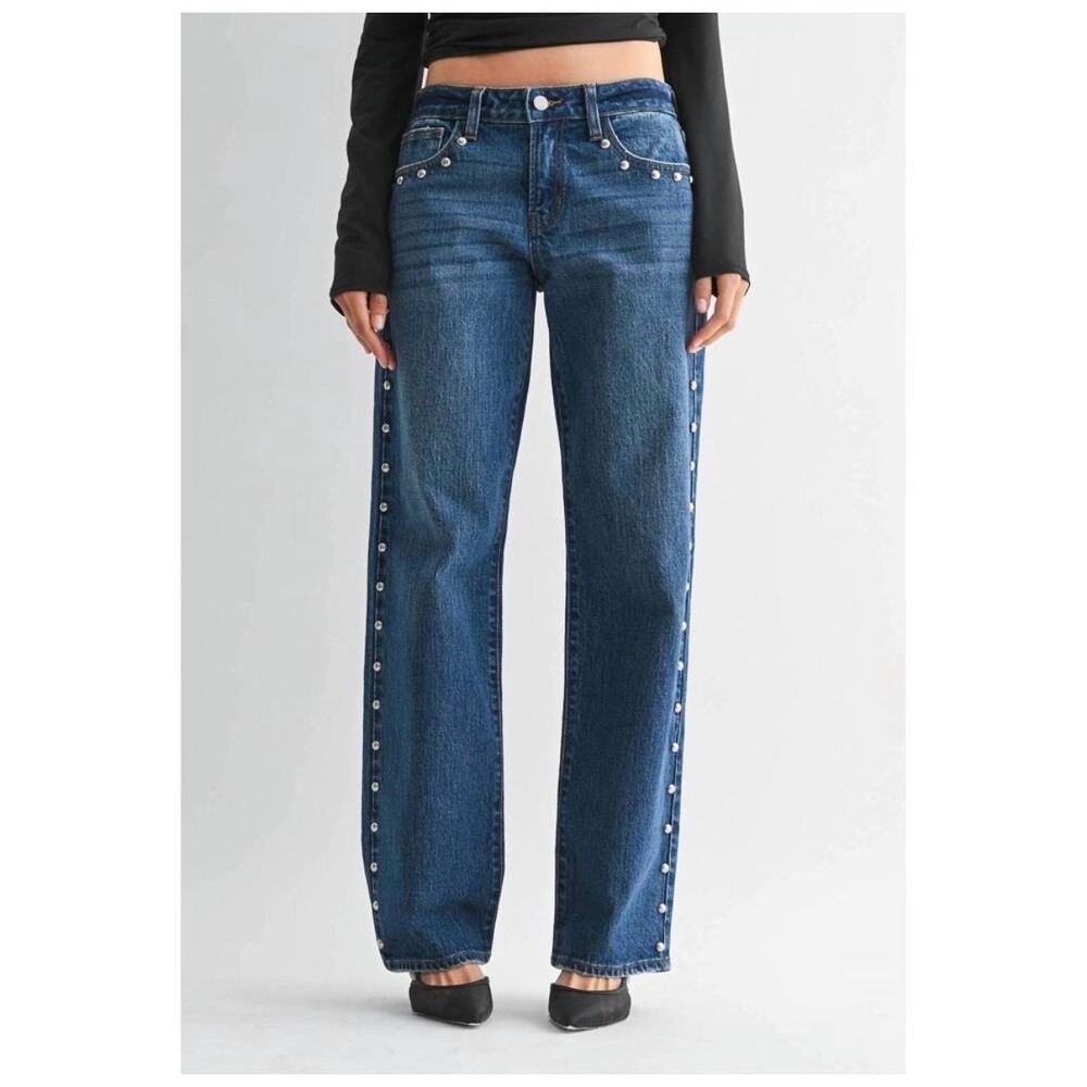 Just Black Denim Low Rise Studded Baggy Jeans Women 29 Blue Wide Leg Embellished